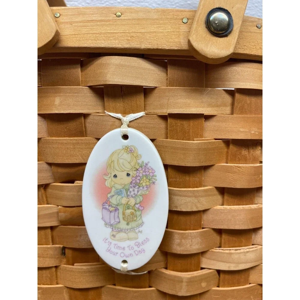 Precious Moments Double Folding Handle Wooden Basket With Porcelain Ornament